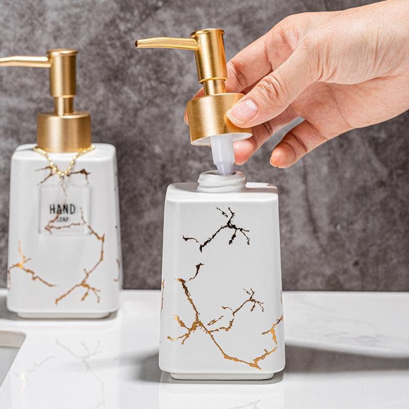 Ceramic Soap Dispenser Marble Detailing Liquid Container For Hand Wash Shampoo And More Refillable