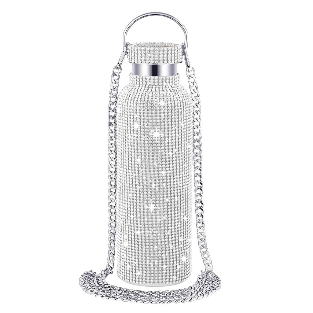 Borraccia Termica Acciaio Inossidabile Brillante Borchiata con Diamanti Festa alla Moda Catena a Tracolla Staccabile Regalo per Donna