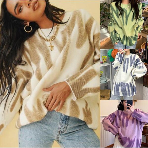 

Striped Print Oversized Pullovers Women Winter O-Neck Loose Long Sweaters Streetwear Warm Outerwear