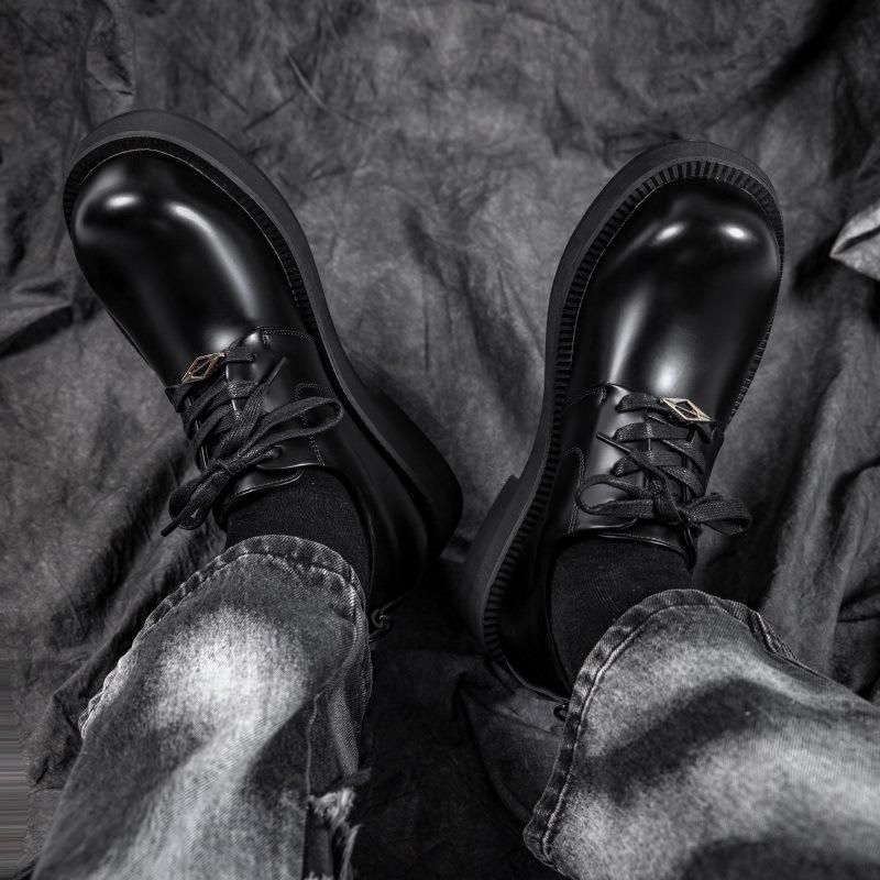 Niche kožené derby boty s velkou hlavou pánské britského stylu černé kulatá hlava platforma malé kožené boty zvyšující všestranné dojíždějící trendy boty