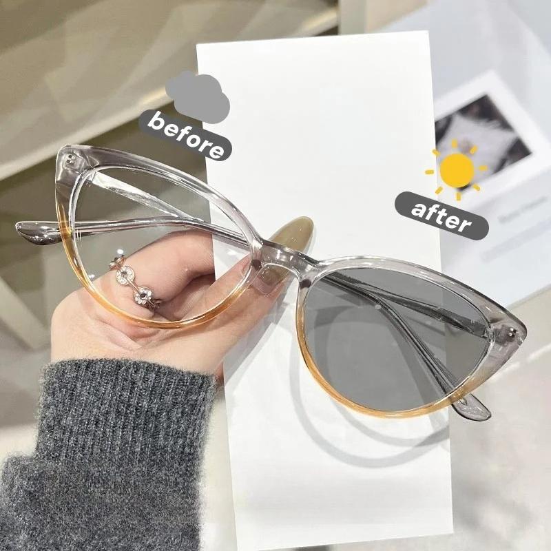 Anti Blue Light Photochromic Myopia Glasses Women Men Stylish Cat Eye Outdoor Color Changing Near Sight Eyeglasses UV Protection