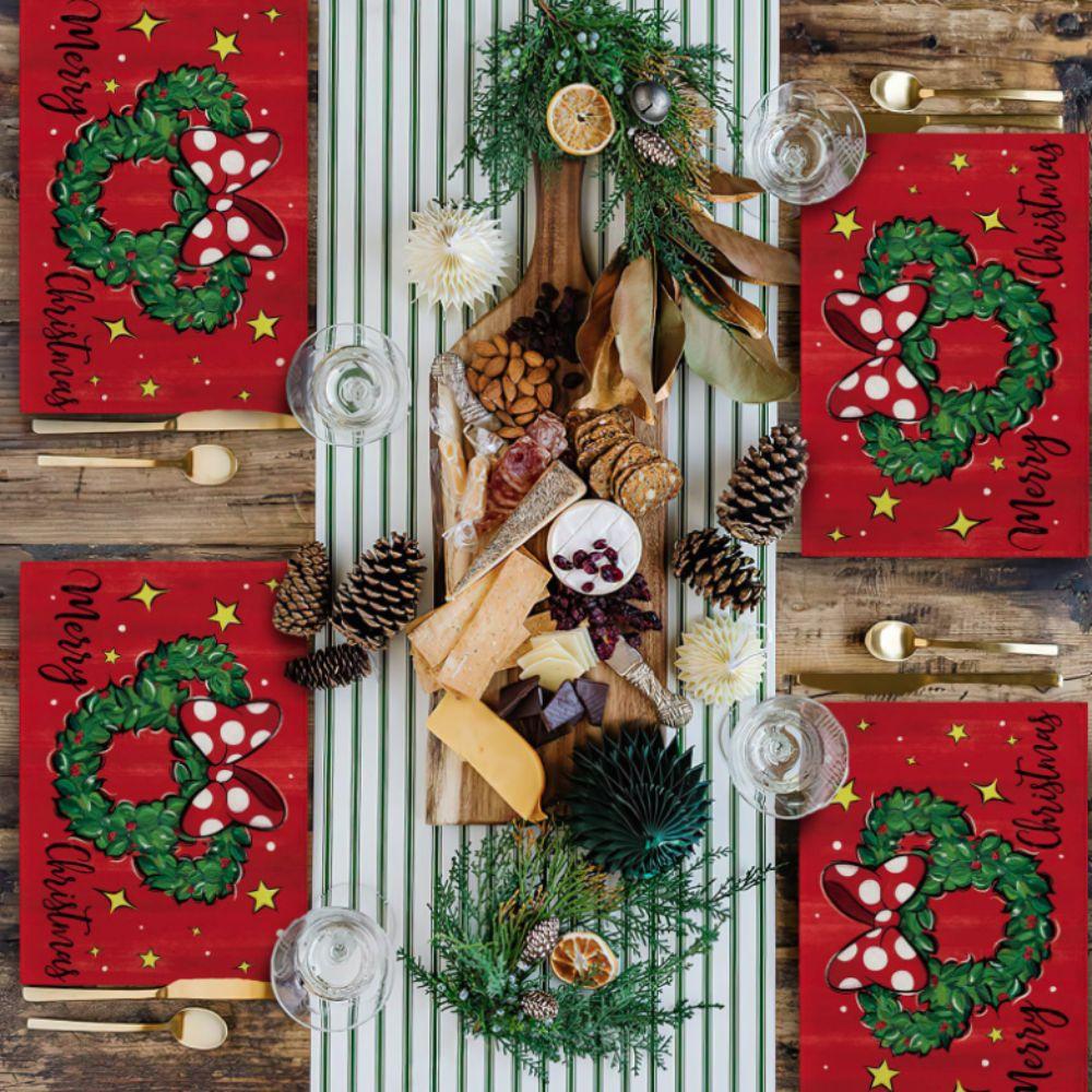 4pcs Linen Christmas Placemat Rectangular Tableware Pad Dining Decoration Table Mat  Party