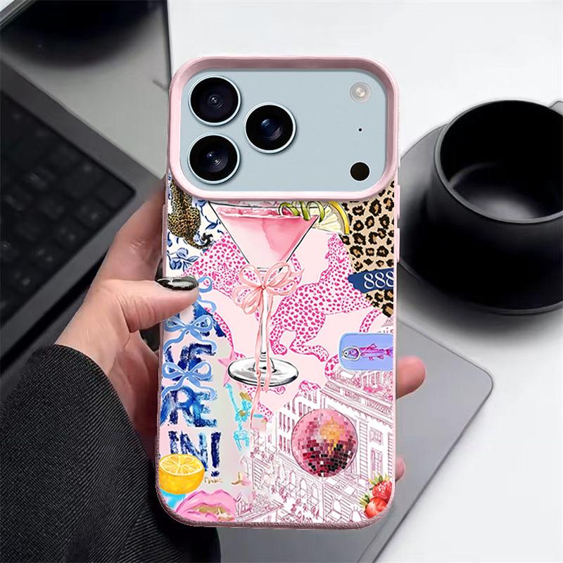 For iPhone 17 Pro Max Case Luxury Pink Goblet Bowknots Disco Ball Pattern Leather Texture Silicone Cover For iPhone 16 Pro Max 15 14 13 12 11 16E Air