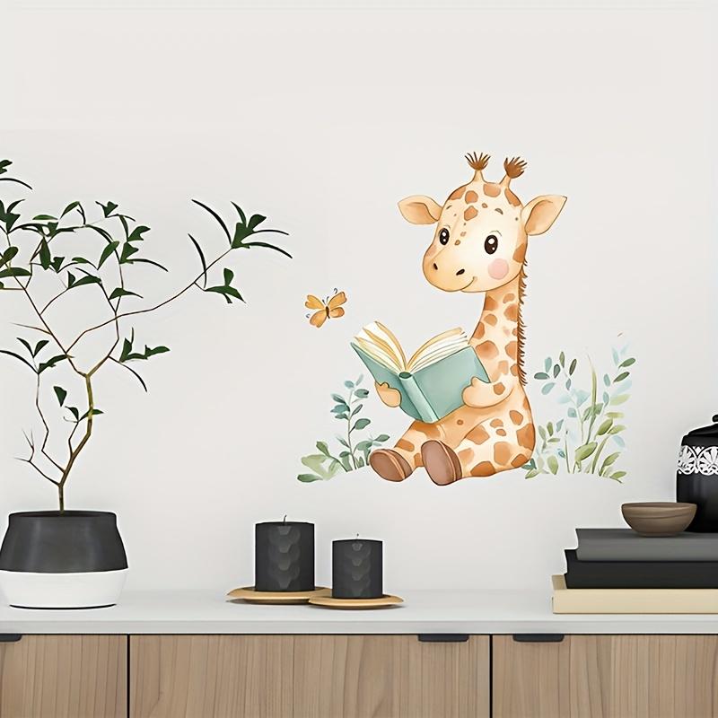 1pc Cartoon Animal Giraffe Reading Books Wall Decal Butterfly Flower Art Wall Sticker Bedroom Living Room Background Wall Decor