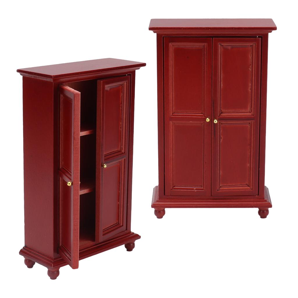 1:12 Miniature Dollhouse Red Birch Wardrobe Mini Wooden Furniture Doll House Decoration