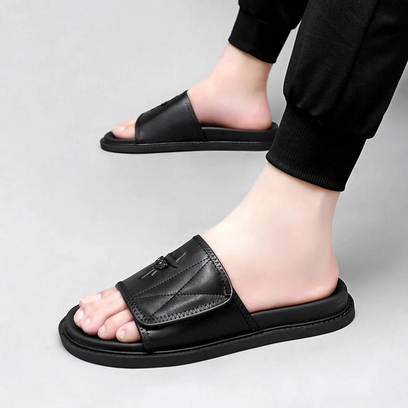 Genuine Leather Mens Summer Shoes Slip On Outdoor Walking Casual Shoes Indoor Slippers Luxury Brand Non-Slip Walking Beach Shoes