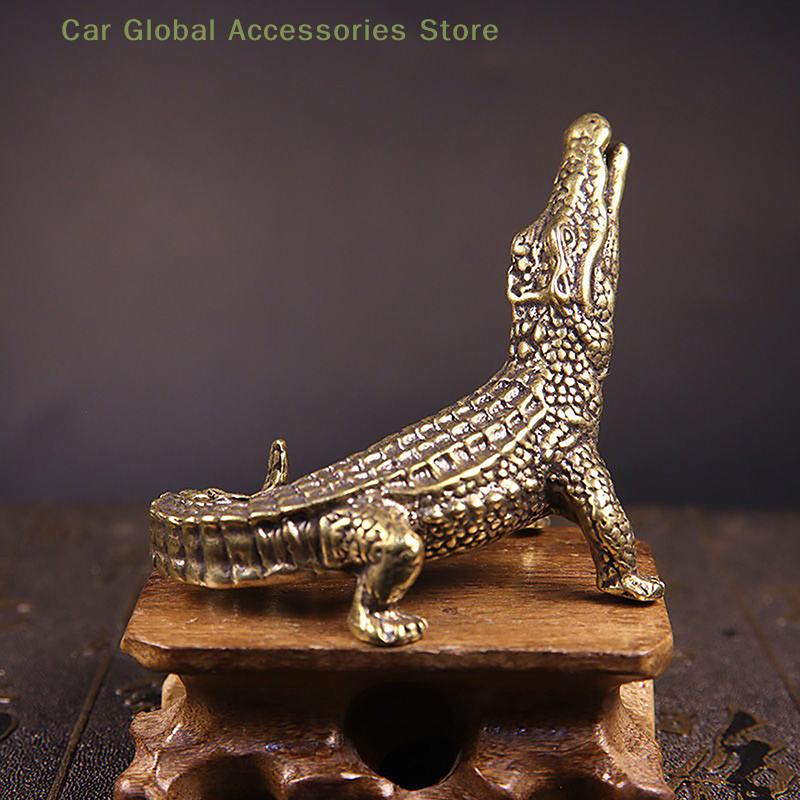1x Antique Bronze Crocodile Miniature Figurines Vintage Brass Mini Alligator Statue Desk Ornaments Home Feng Shui Decor Crafts
