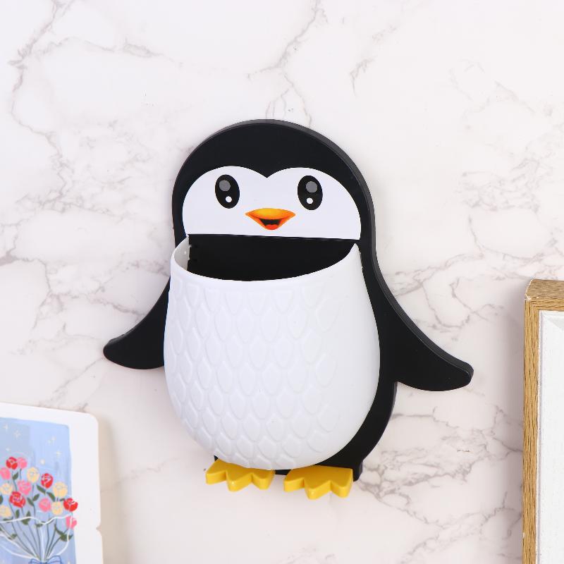 

Cartoon Penguin Shelf Makeup Tools Organizer Dormitory Bathroom Toothbrush Storage Bedside Cell Phone Wall-mounted Storage Box чорний