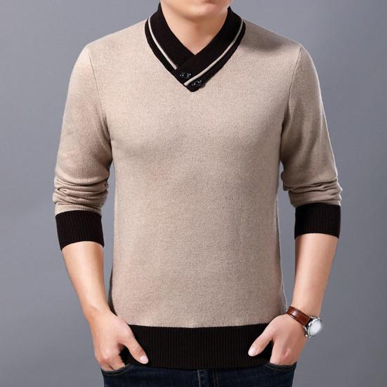 Men Sweater V Neck Knitted Contrast Colors Loose Spring Sweater for Daily Wear