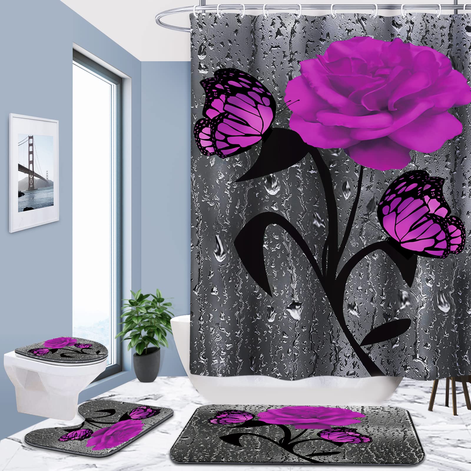 

Purple Rose Moon Shower Curtain Waterproof Polyester Washable Non-Slip Mat Rugs Carpet Toilet Seat Cover Bathtub Bathroom Decor W60H190(CM)-1 Pcs