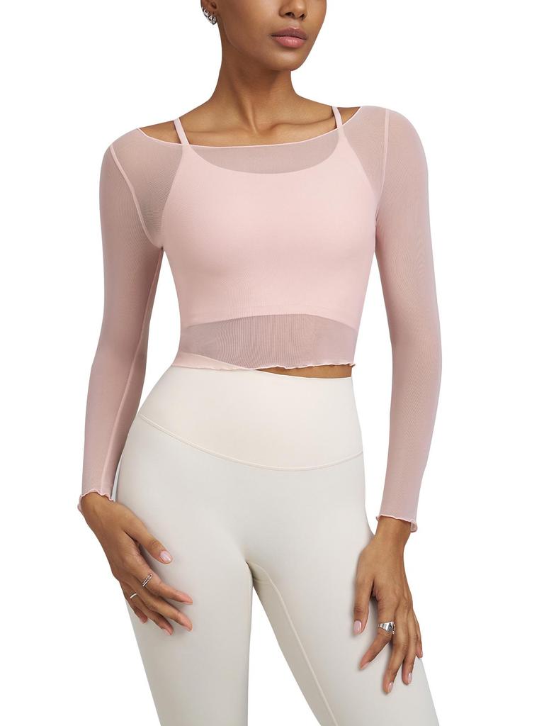 Joomon Mesh Yoga Set: Two-Piece Long Sleeve Quick-Dry Camisole with Integrated Cup Sports Bra