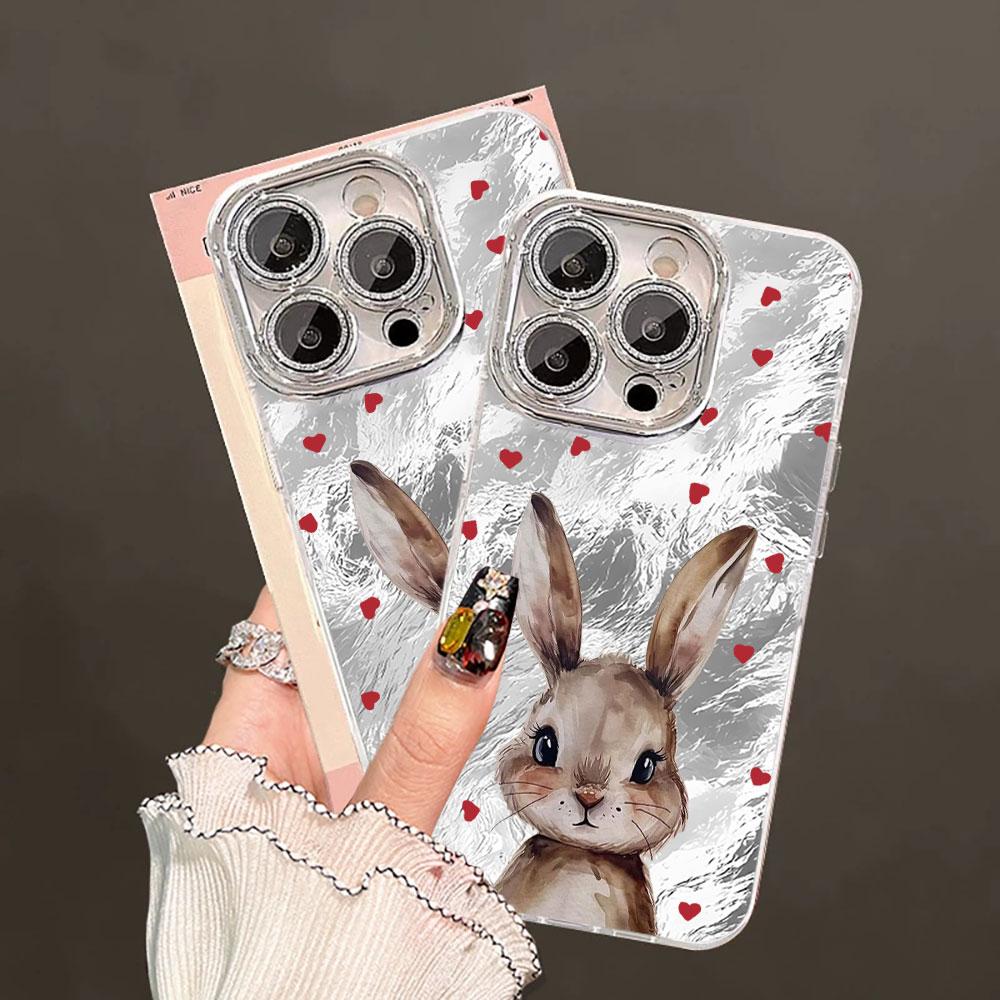 Cute Love Heart Rabbit Glacier Texture Case For iPhone 17 Air 16 15 14 13 12 11 Pro Max Plus 16E With Glass Lens Protector Cover