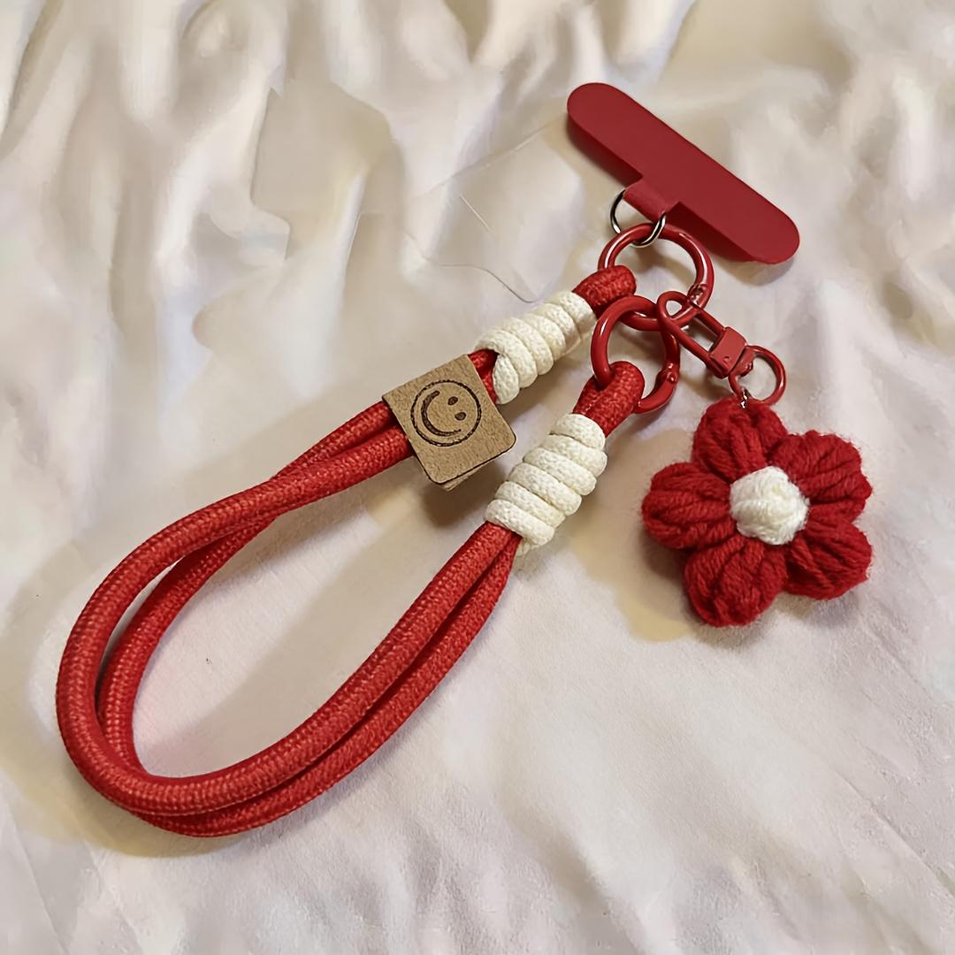 

Hand-knitted Cell Phone Lanyard - With Flower Keychain Charm красный
