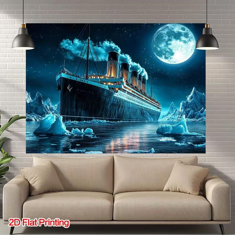 Marynistyczny gobelin Titanic, Nocny, oświetlony księżycem ocean z tłem gór lodowych, 120x80cm Tematyczna sztuka ścienna do domu