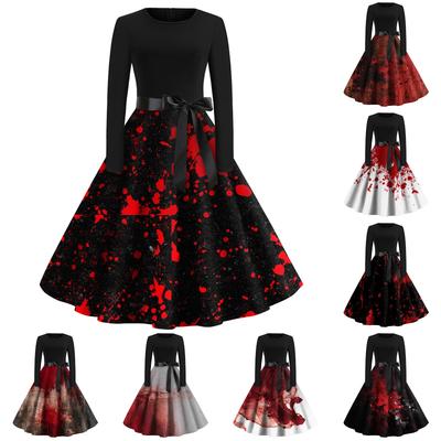 Women's Fashion Round Neck Casual Slim Fit Halloween Printed Swing Long Sleeve Dress