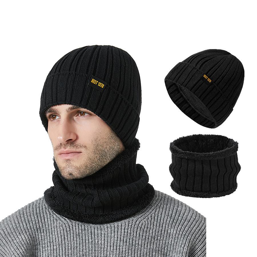 

Шапка осень-зима мужская вязаная шапка шарф комплект из двух предметов уличная защита ушей бархатный теплый комплект чёрный