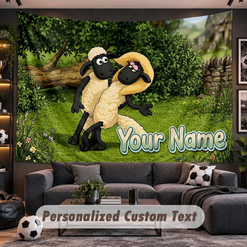 Wall Hanging Tapestry Custom NameShaun the Sheep Pattern Personalized Printed Fabric Wall Decor