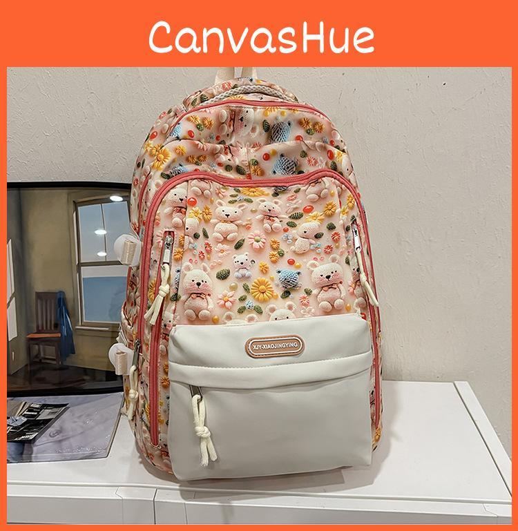Girls Backpack For Middle School Versatile Nylon Big Capacity With Bear And Flower Print Design For School Use