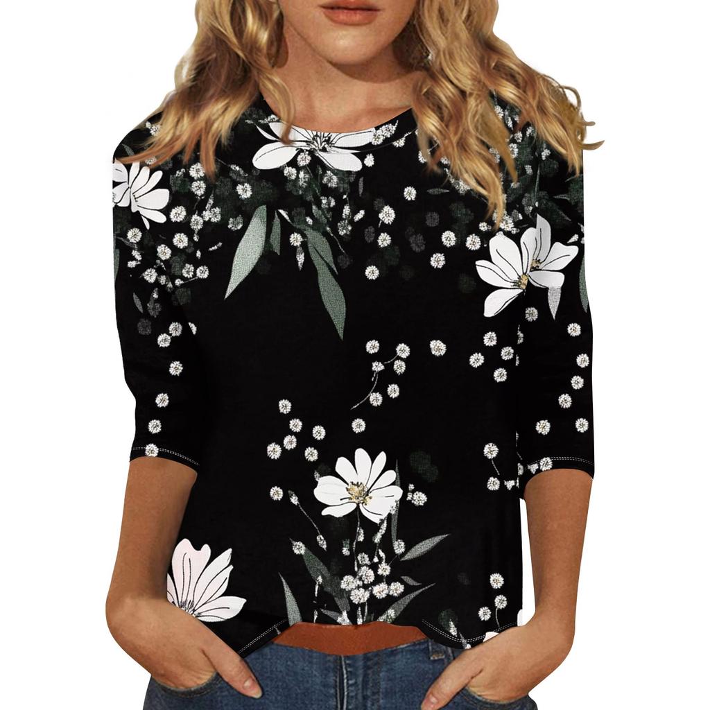 Women's Fashion Casual Three-quarter Sleeve Floral Print Round Neck Top