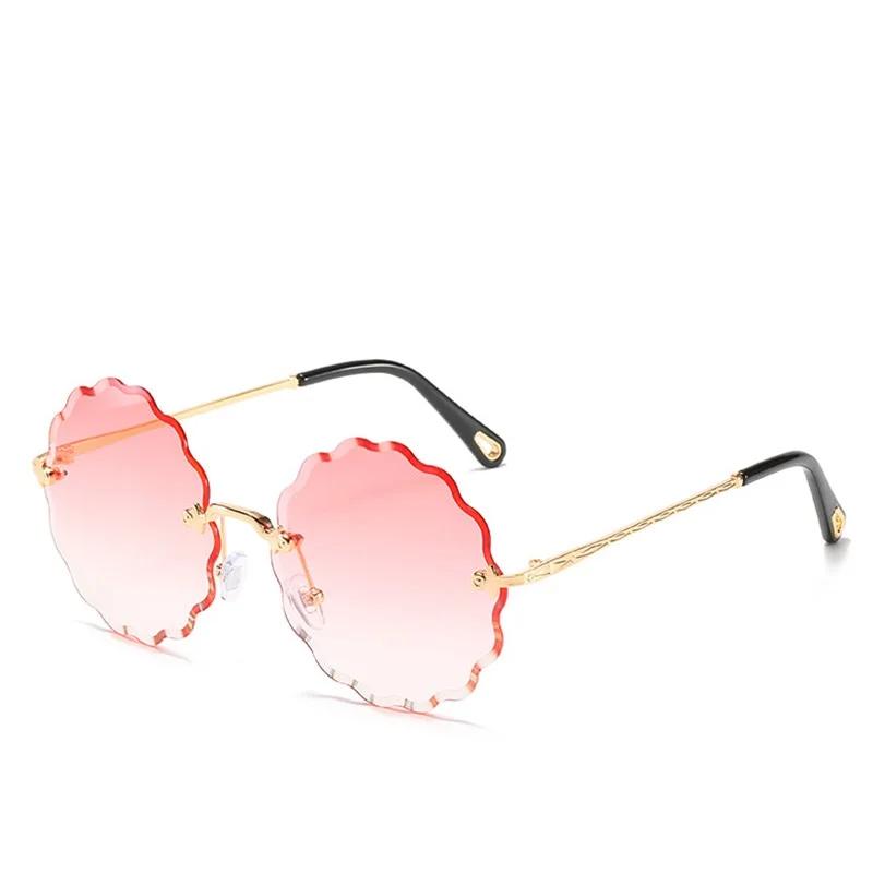 Luxury Brand Designer Lady Round Rimless Sunglasses Women Diamond Cutting Lens Vintage Flower Shape Sun Glasses For Female