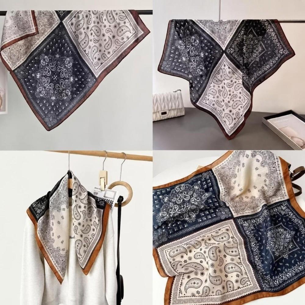 70x70cm Soft Satin Kerchief Retro Print Satin Hair Scarf Silk Square Scarf  For Women Ladies