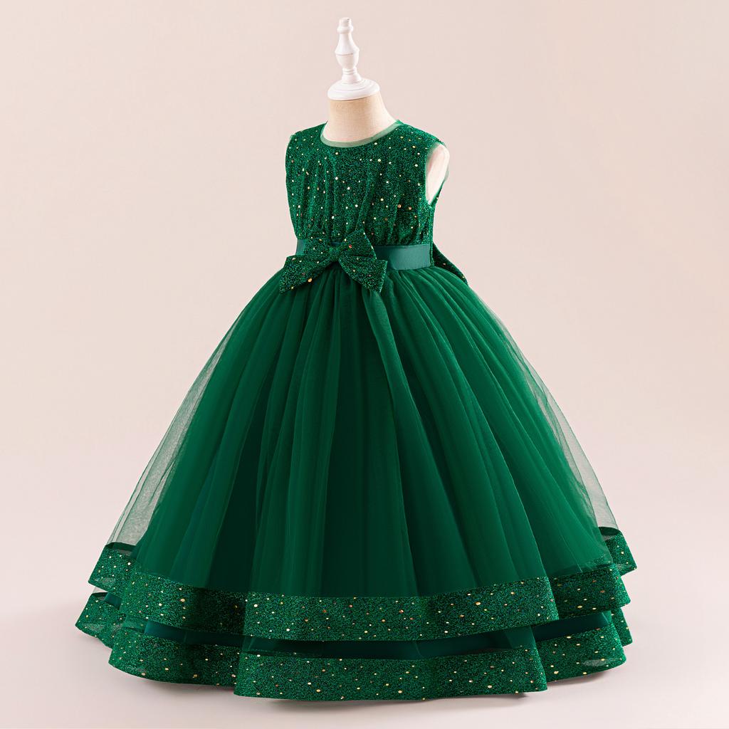 Flower Girl Princess Dress For Weddings Kid Formal Bow Long Gown For School Evening Party Children New Year Cloth