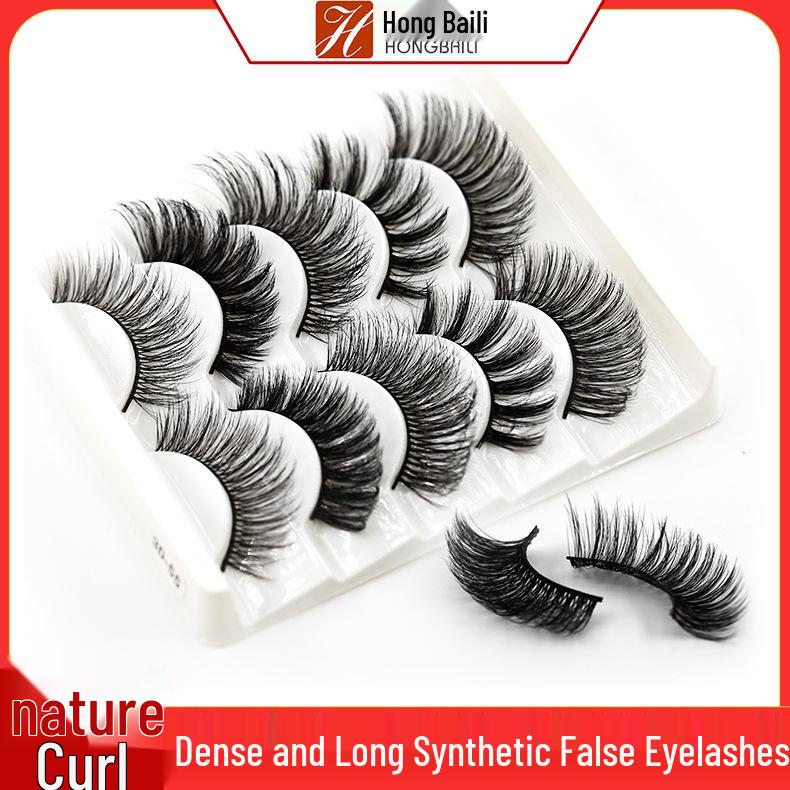 

3D46-55 Synthetic Fiber False Eyelashes: 5 Pairs of Curled, Multi-Layered, Crossed Border Style