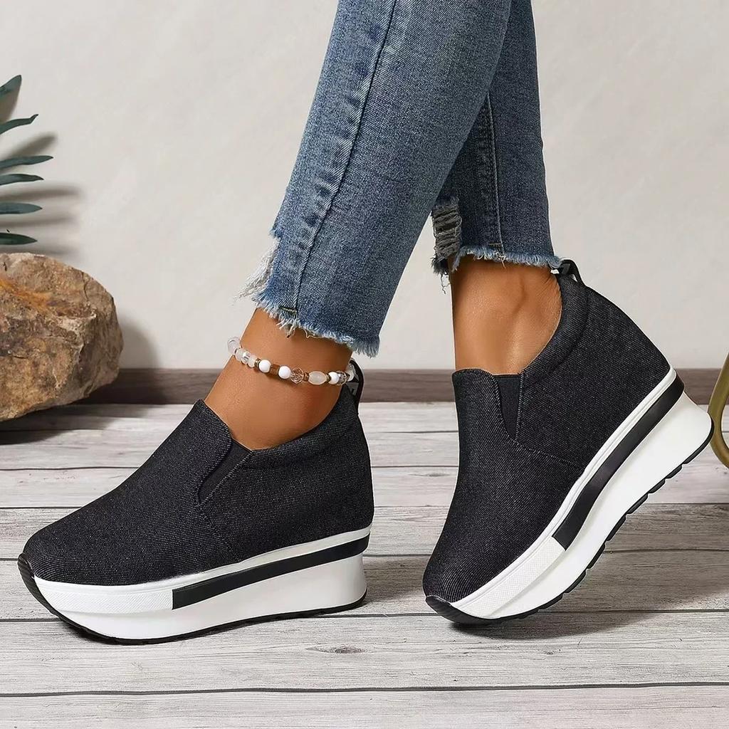Fashion Women's Height Increasing Wedges Shoes Lightweight Slip On Platform Sneakers Women Thick Sole Denim Walking Rocker Shoes Woman