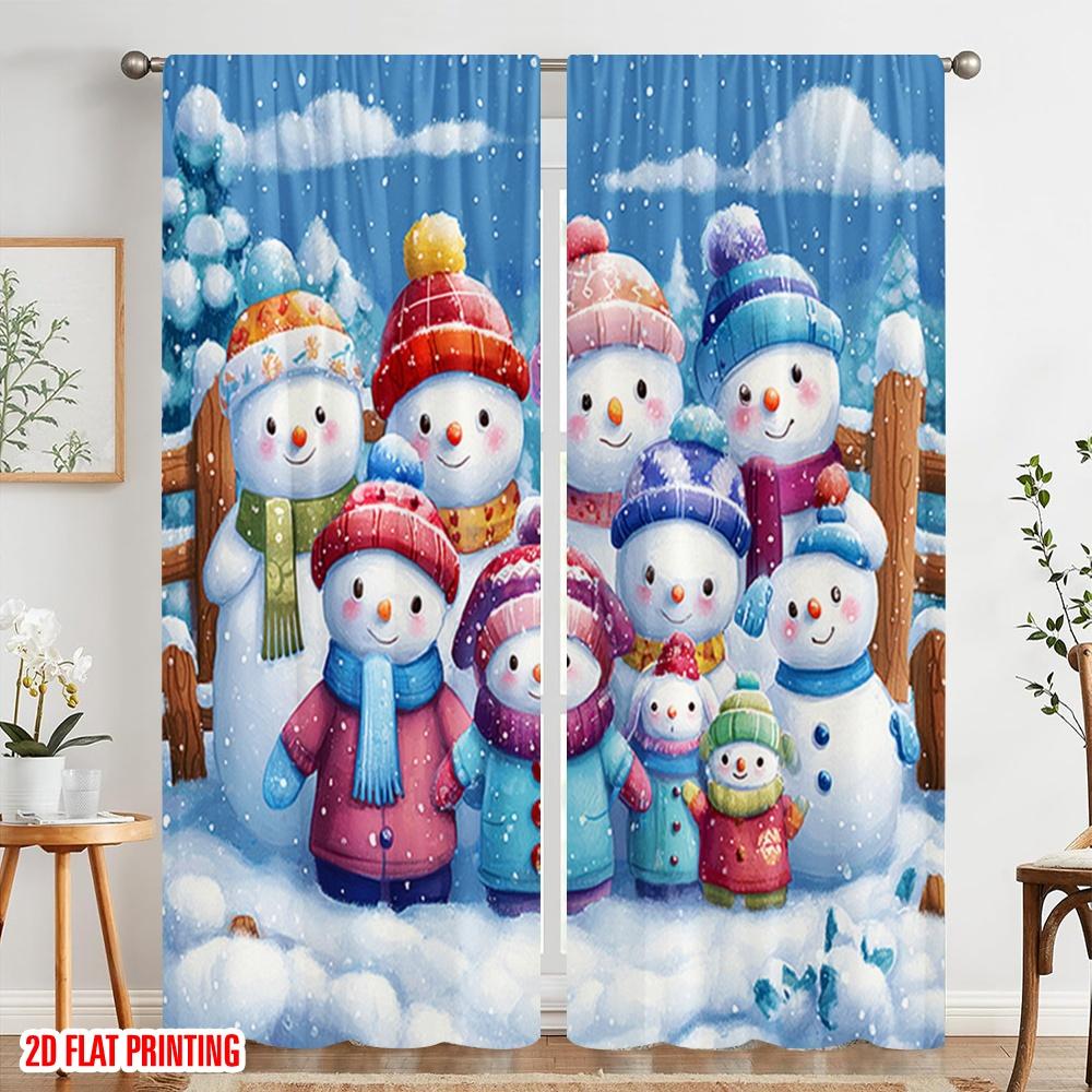 2pcs,2D Plane Printing Curtains&Window Treatment Snowman Family Winter Versatile Polyester Fabric (without Rod) Room Decor