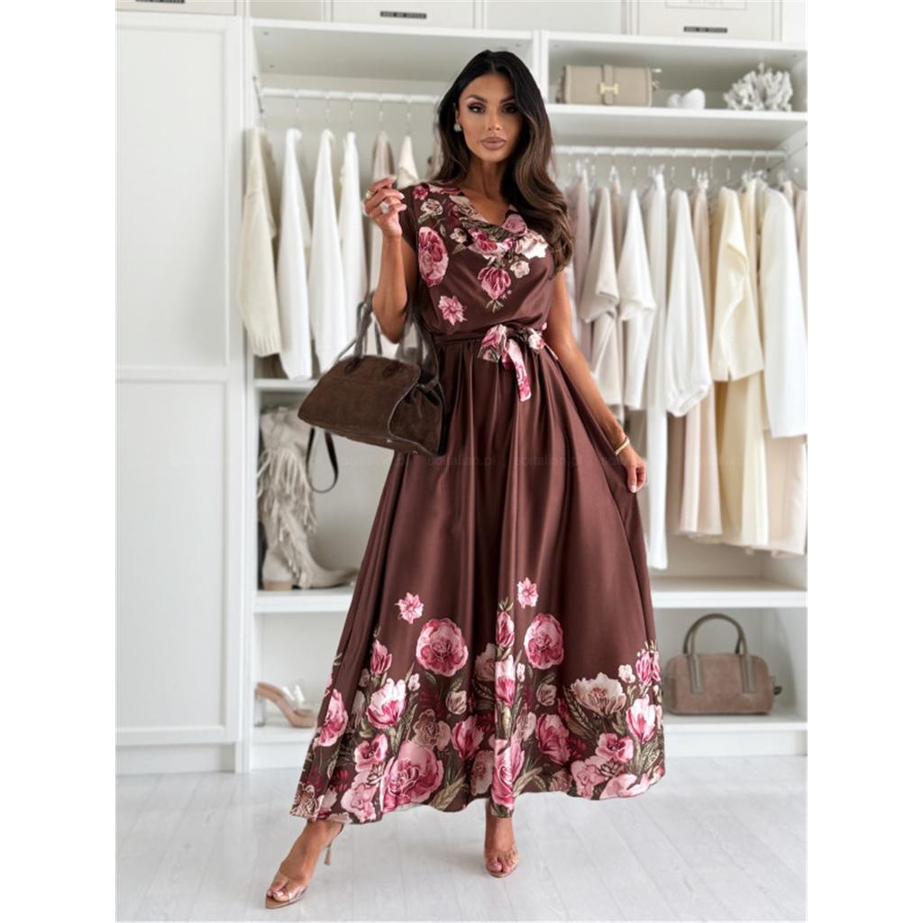 New Summer Fashion V-neck Printed Short-sleeved Dress With Waist And Wide Swing Skirt