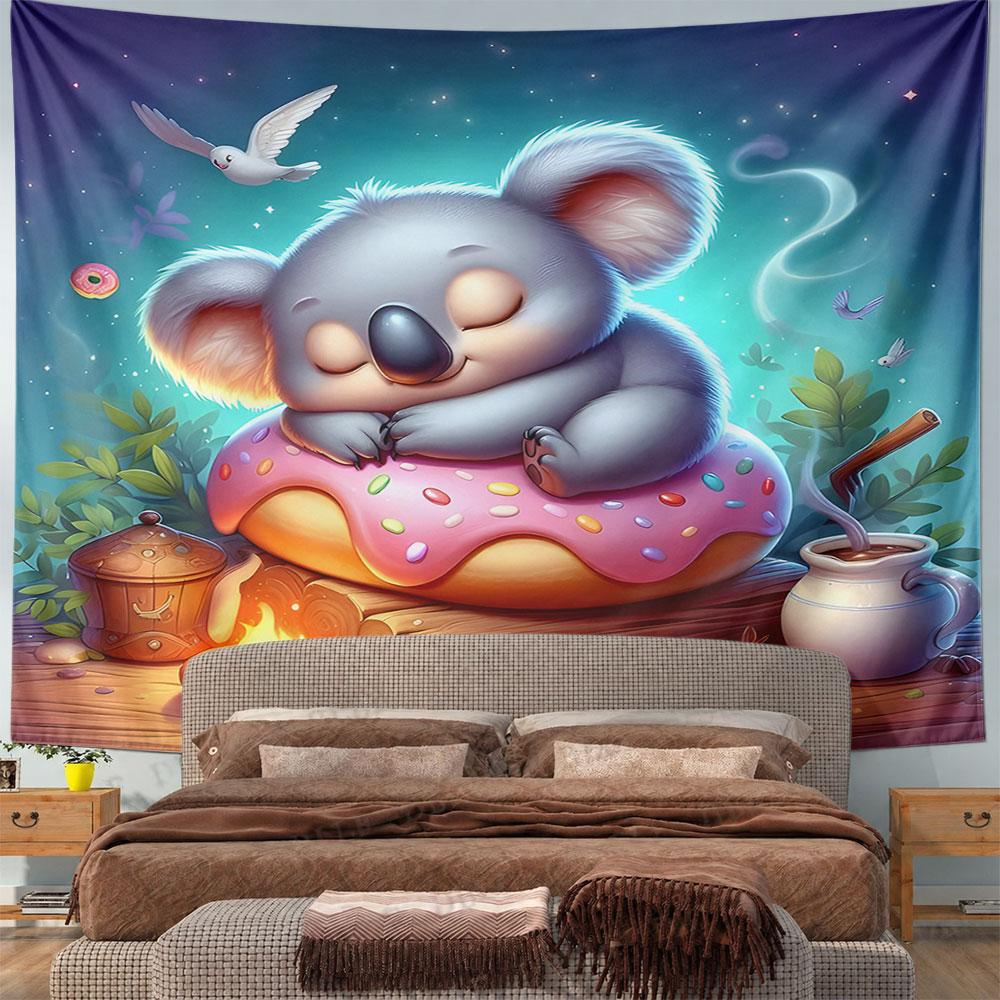 Sleeping Koala on Donut by Campfire Pattern Wall Hanging Tapestry Decorative Tapestry Home Decor for Bedroom and Living Room