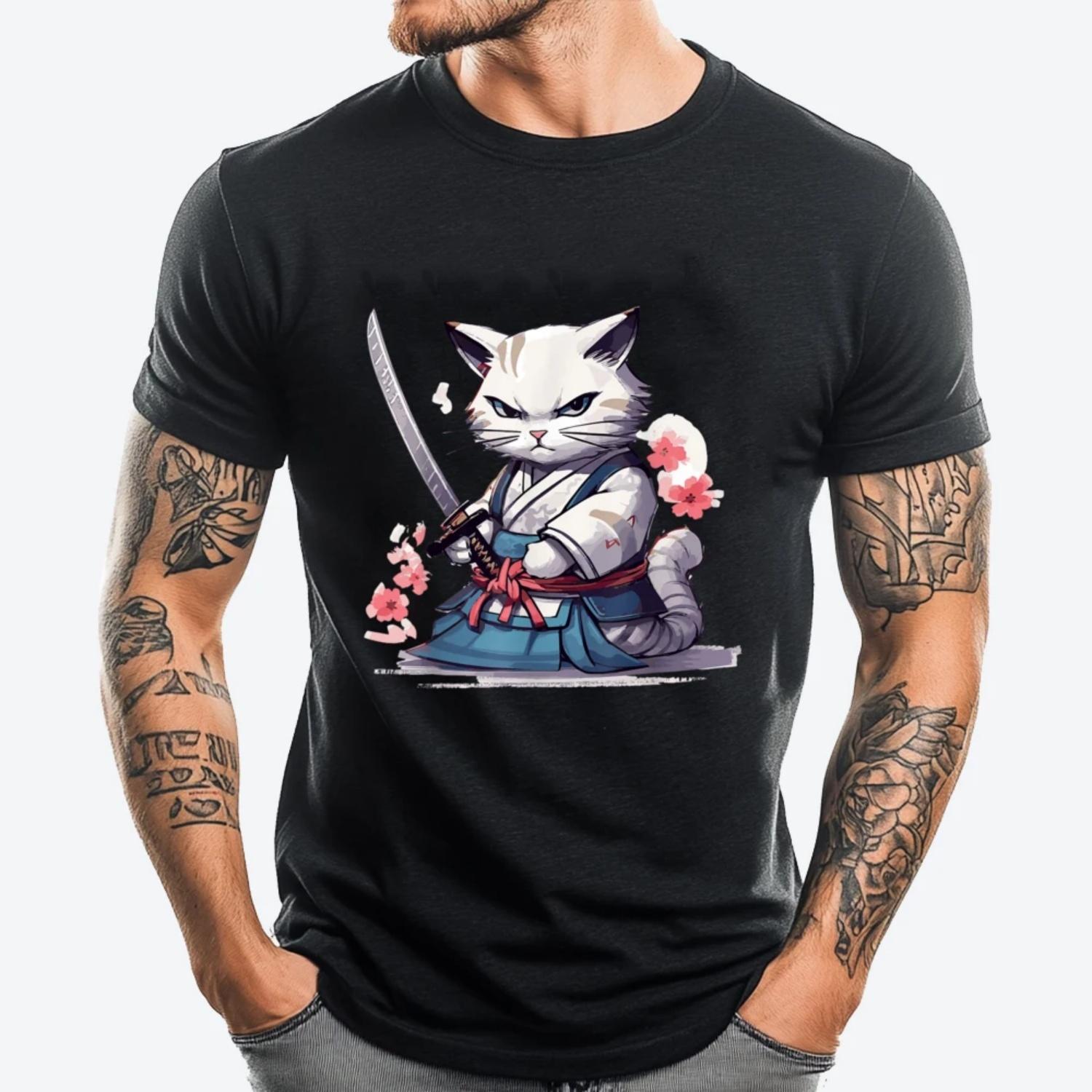 Cat With Katana Japan Cat Samurai Warrior Funny Shirts T Shirts For Men Plus Size Family Fashion T Shirt Men Cotton T Shirt Men S чёрный