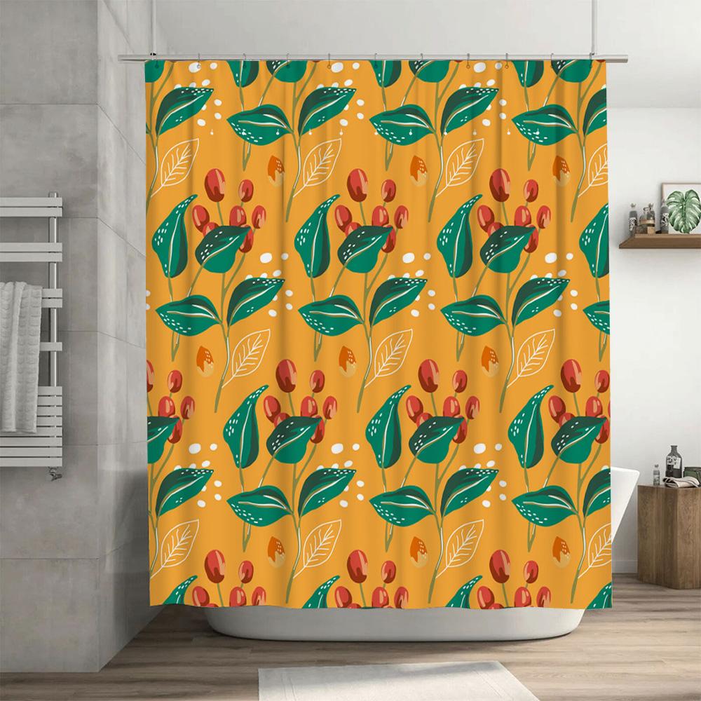 Vibrant Floral Shower Curtain Decorative Bath Mat Yellow and Green Leaves Pattern Modern Bathroom Accessories Set for Home Decor