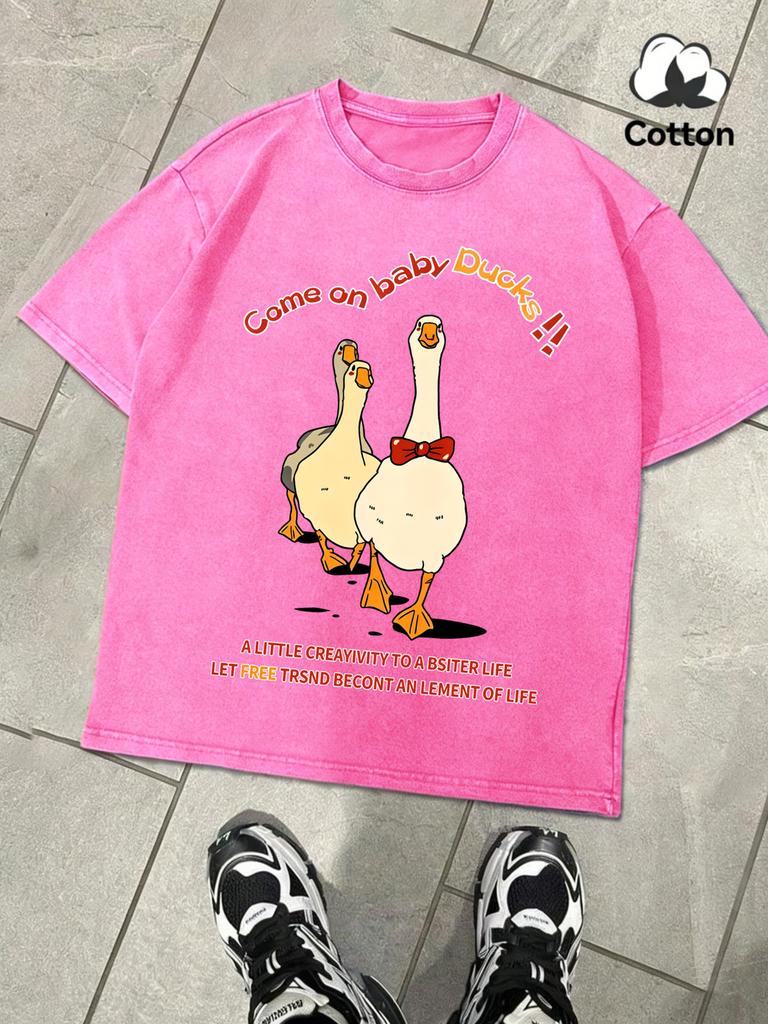 Come On Baby Duck Design Washed Mens TShirt Summer Casual Retro Cotton Top Snow Wash Tees Unisex Loose ONeck Streetwear