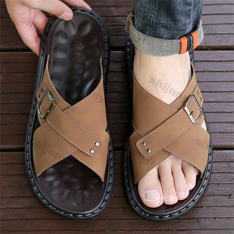 Large Size Men Slippers Summer Outdoor Breathable Non Slip Comfortable Casual Flats Fashion Buckle Strap Soft Sole Beach Shoes