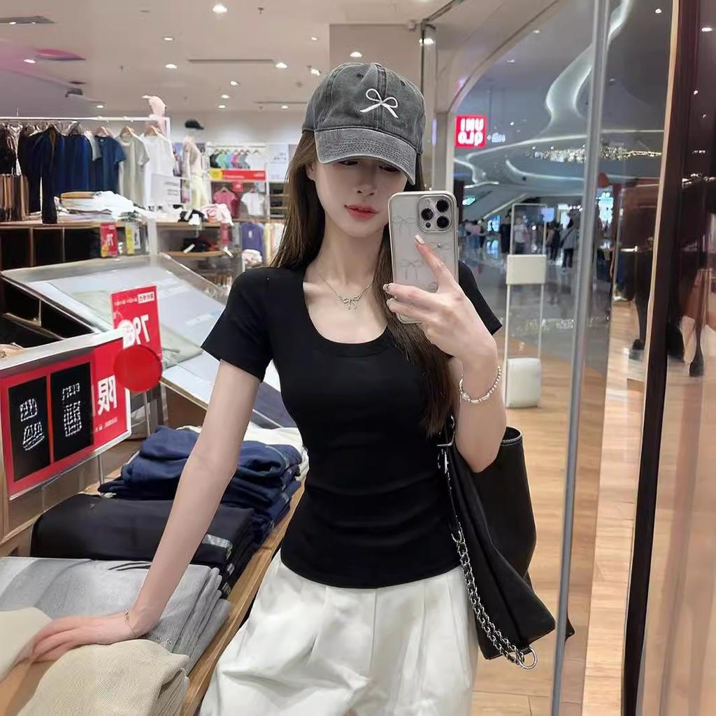 Basic solid color shoulder short-sleeved T-shirt women's summer sweet and hot girl U-neck waist pinch slim and thin cotton short top