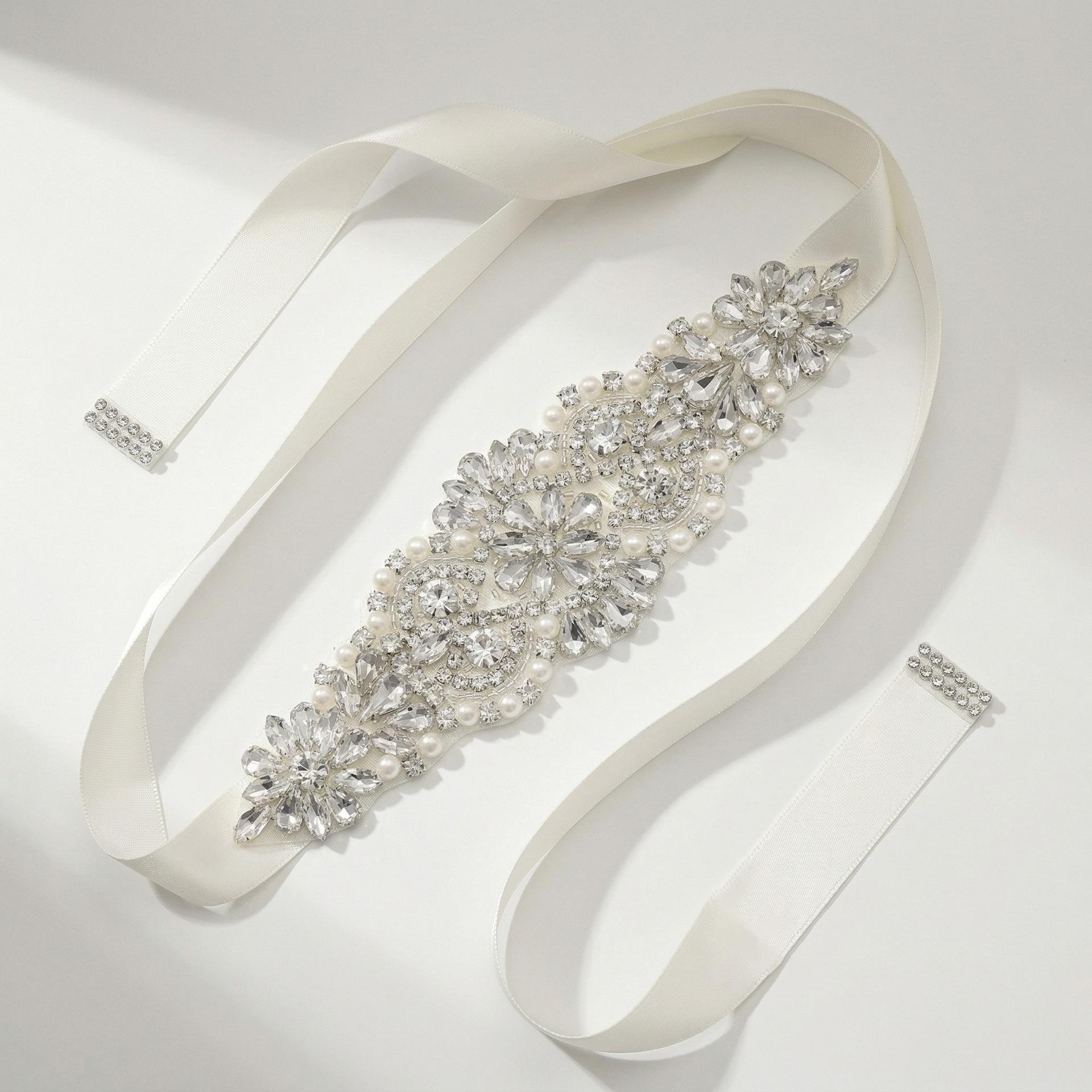 Elegant European & American Court-Style Pearl Rhinestone Hand-Sewn Bridal Waistband