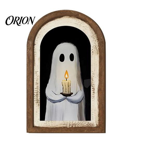 Halloween Spooky Decorative Sign Ghost Wall Decor, Cute Table Sign, Vintage Arch Framed Fall Season Accent Picture, Art for Mantel Living Room Bedroom