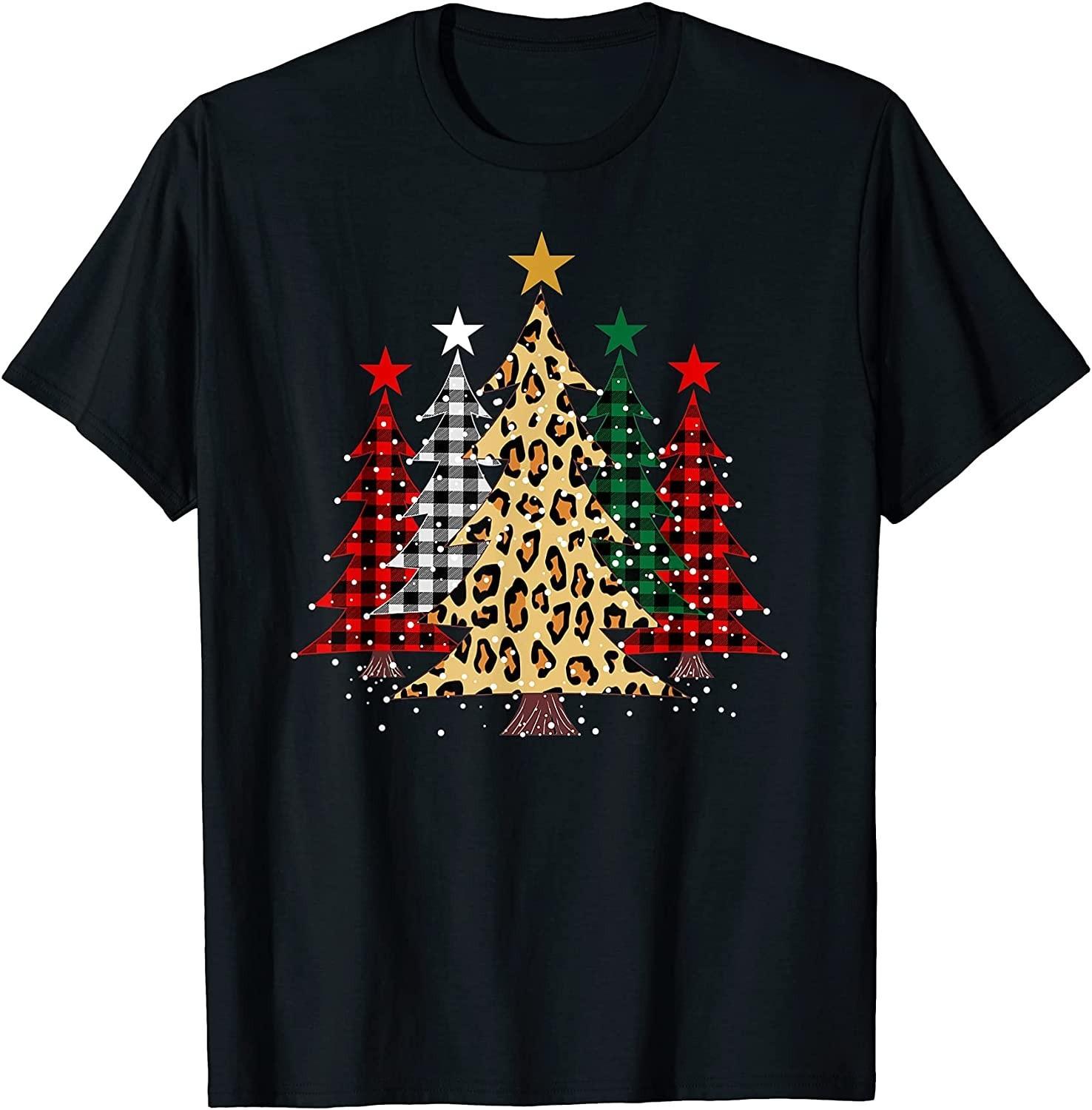 BEST! Merry Christmas Trees with Buffalo Plaid & Leopard Tee S-3XL S