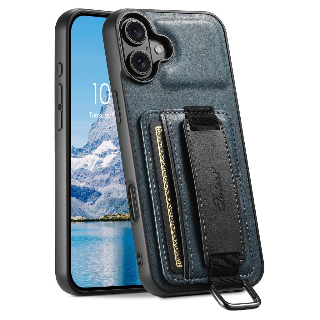 SUTENI H13 For iPhone 16 Case Card Holder Wristband Waxy Texture Leather+TPU+PC Cover