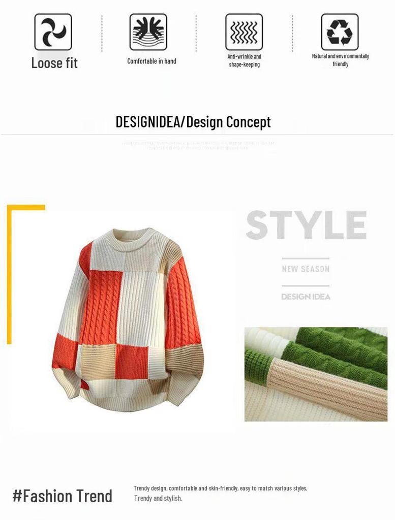 Men's Winter Thickened Color Block Knit Sweater - Warm, Casual, Trendy Fashion