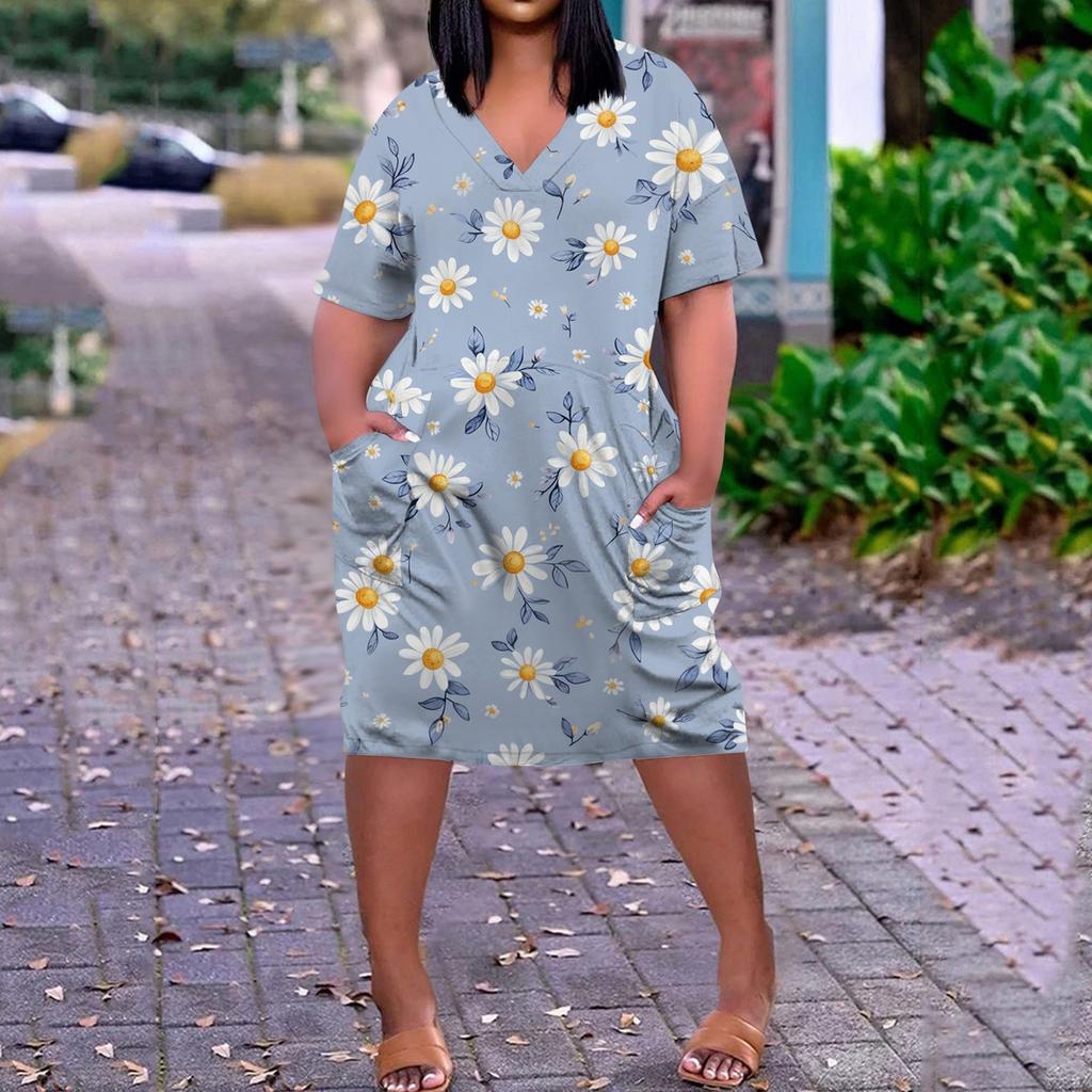 Summer Plus Size V Neck Short Sleeve Knee Pocket  Print Casual Dress For Women
