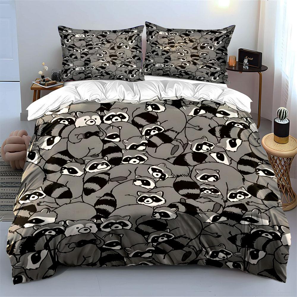 Cartoon Raccoon Cluster Scene Duvet Cover Set With 3D Printing Design Soft Polyester Bedding Set All-Season Comfort For Gifts