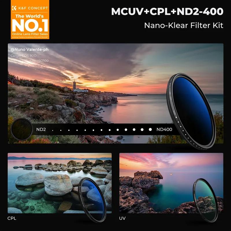 K&F CONCEPT K Series 49-82mm Filters UV/CPL/ND2-400/Black-Mist 1/4 Cap Clean Cloths Camera Lens Filter Set for Nikon Canon Leica
