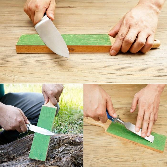 SHARPAL 205H Leather Strop (Genuine Cowhide) 8" X 3" Kit, 2oz. Polishing Compound & Angle Guide, Knife Stropping Block for Sharpening &