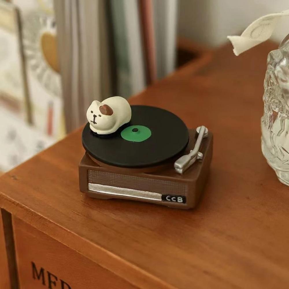 Miniature Dollhouse Props 1/12 Vintage Realistic Grocery Record Player Cat Gramophone for DIY Handmade Model Decoration