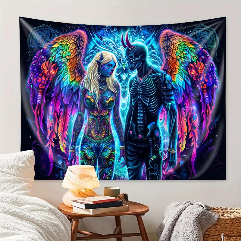 VIKAMA Starry Sky Neon Angel Devil Tapestry Bohemian Style Bedroom Living Room  Dormitory Wall Hanging Room Decor