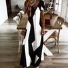 Women Plus Size V Neck Short Sleeve Black White Printed Straight Long Dress