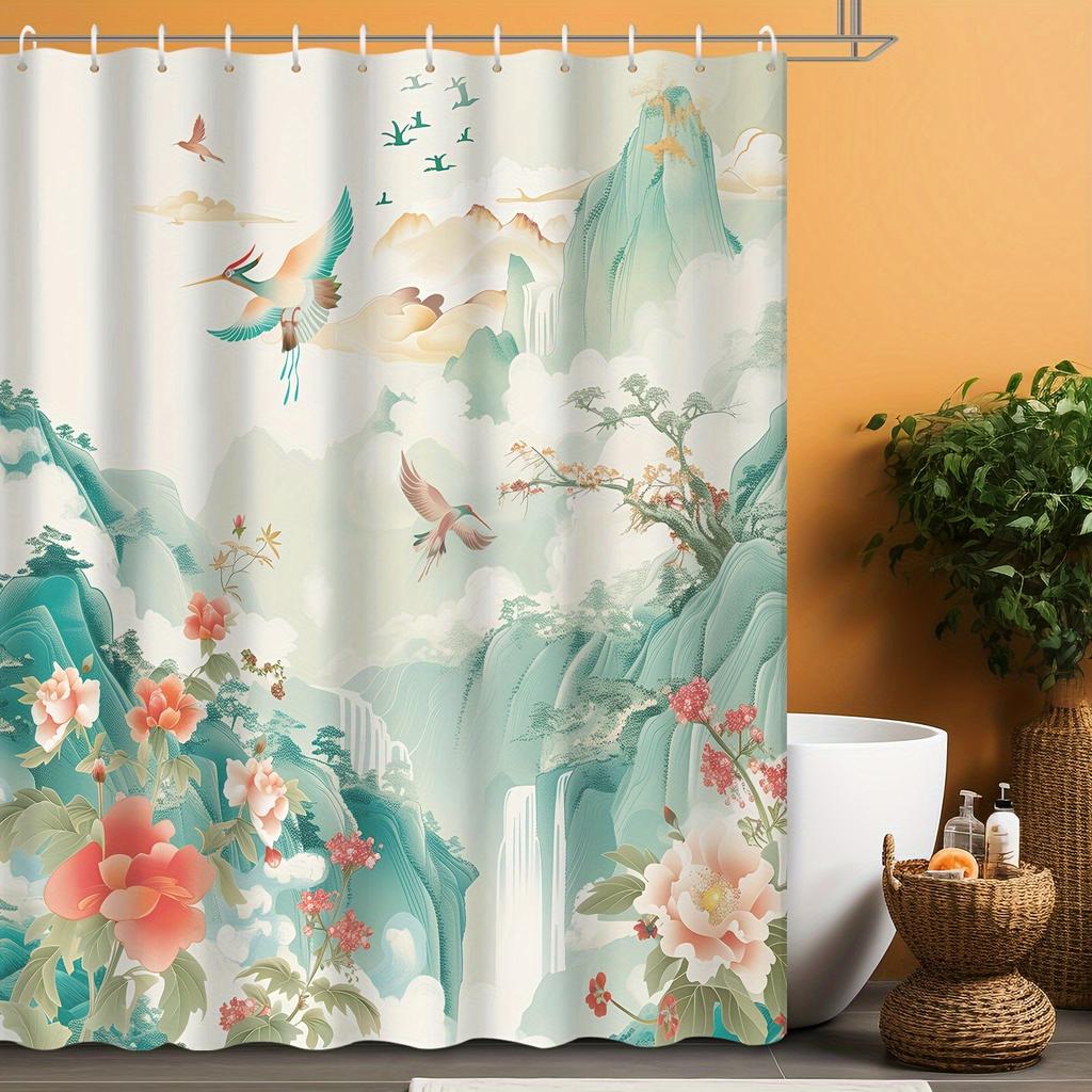 1Pc Shower Curtain - Elegant Floral Design With Flying Birds, Perfect For Bathroom Decoration, Bringing The Harmonious Beauty