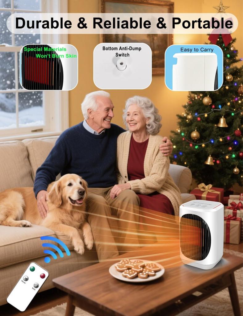 Portable 1500W Electric Heater with 3 Modes, Remote Control, Overheat Protection for Bedroom or Office Desk